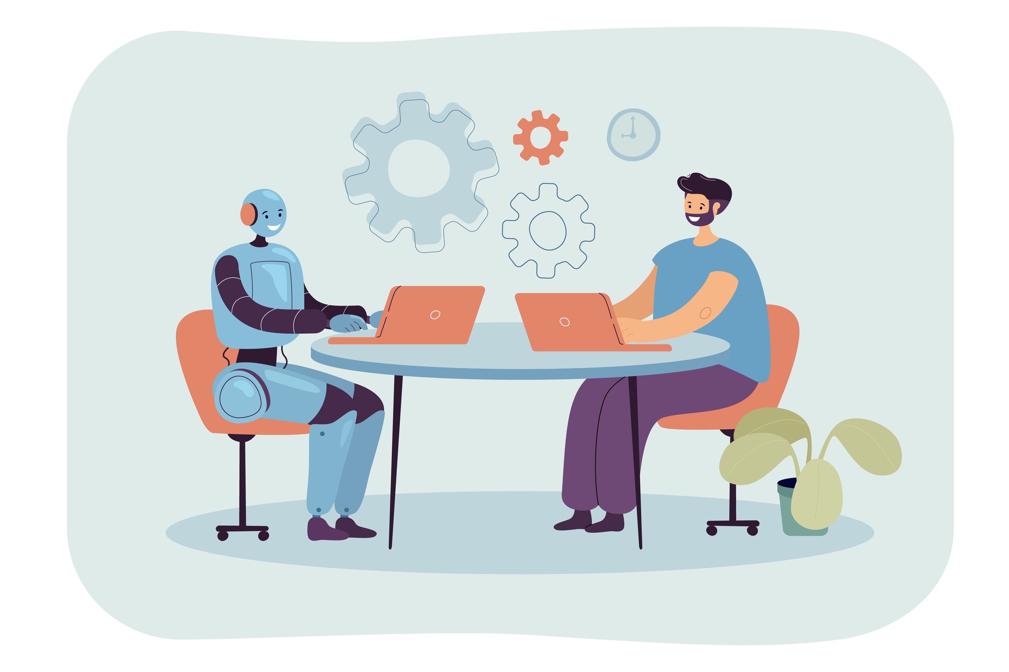 Cartoon man and robot sitting at laptops in workplace together