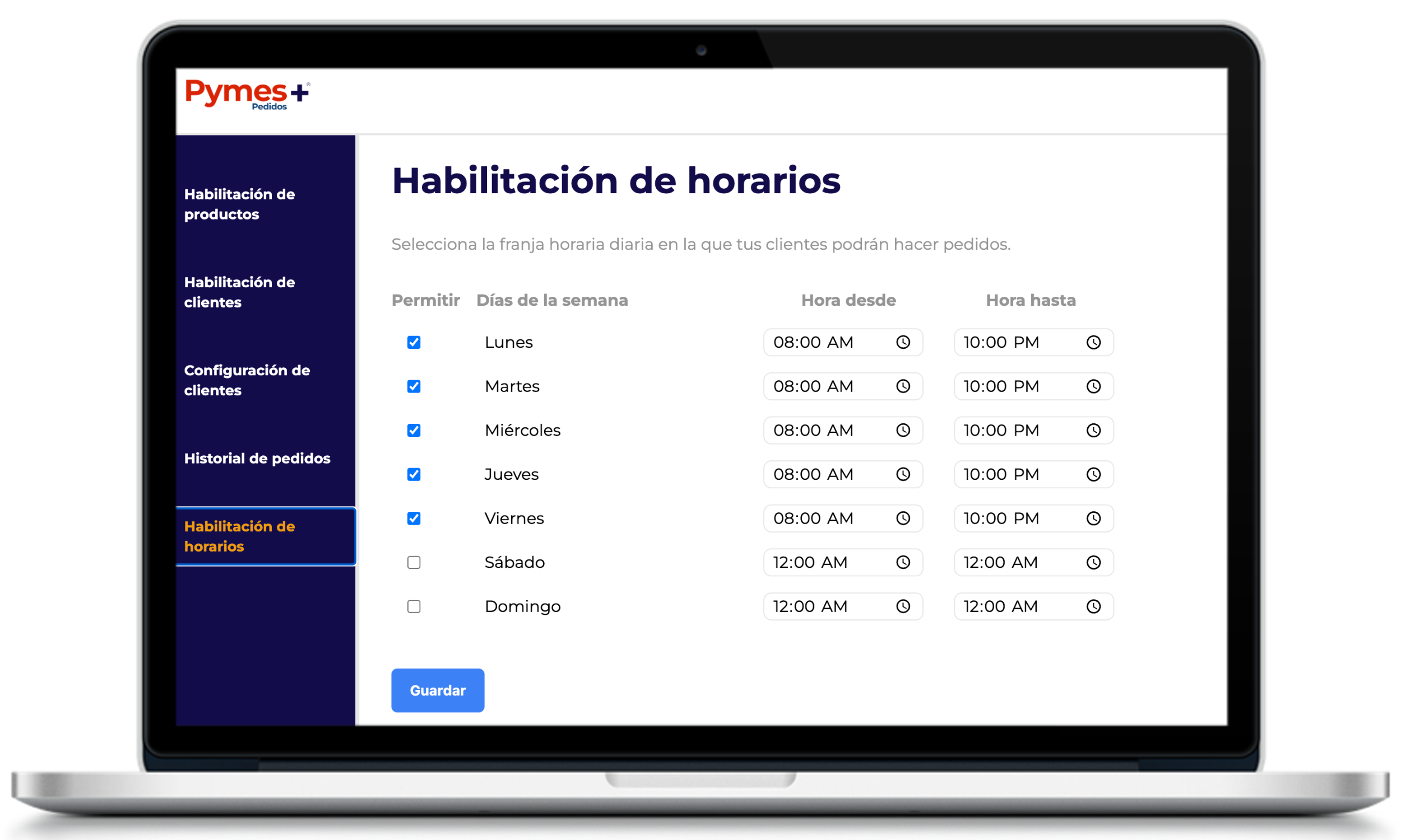 Habilitacion horarios en Pymes+ pedidos