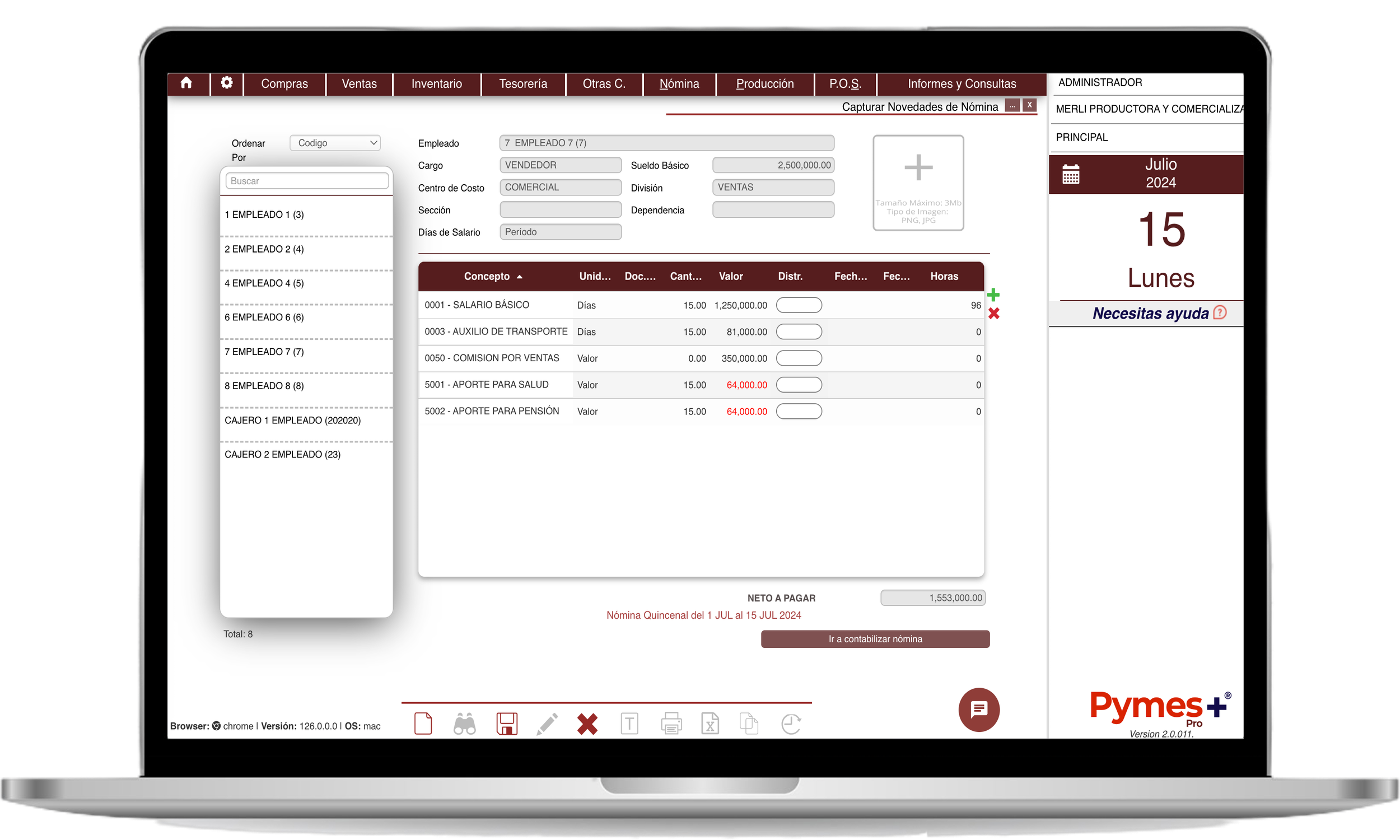 Captura de novedades de nómina en Pymes+